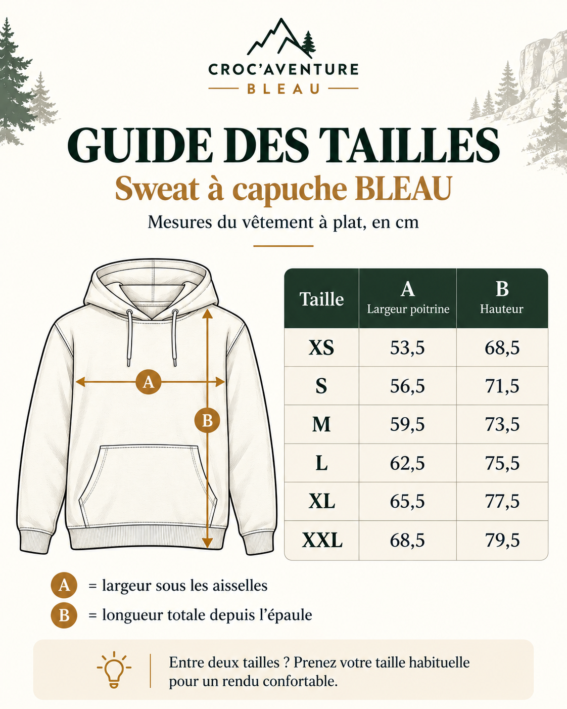 Guide des tailles Sweat BLEAU EP301 - XS, S, M, L, XL, XXL